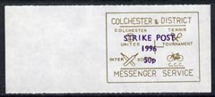 Cinderella - Great Britain 1996 Colchester & District Messenger Service rouletted label (gold on white) showing Football, Tennis, Cricket & Bicycle optd Strike Post 50p 1..., stamps on postal, stamps on football, stamps on tennis, stamps on cricket, stamps on bicycles, stamps on sport, stamps on strike