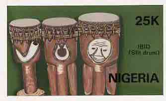 Nigeria 1989 Musical Instruments - original hand-painted artwork for 25k value (Ibid slit drum) by NSP&MCo Staff Artist Samuel A M Eluare, as issued stamp except inscription changed, on card 8.5 x 5 endorsed C6, stamps on , stamps on  stamps on music, stamps on  stamps on musical instruments