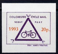 Cinderella - Great Britain 1993 Colchester Cycle Mail Scout Post 20p imperf label on ungummed paper in blue & orange*, stamps on postal, stamps on bicycles, stamps on scouts