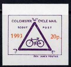 Cinderella - Great Britain 1993 Colchester Cycle Mail Scout Post 20p imperf label on ungummed paper in blue & orange*, stamps on , stamps on  stamps on postal, stamps on  stamps on bicycles, stamps on  stamps on scouts