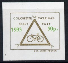 Cinderella - Great Britain 1993 Colchester Cycle Mail Scout Post 50p imperf label on ungummed paper in gold & green*, stamps on , stamps on  stamps on postal, stamps on  stamps on bicycles, stamps on  stamps on scouts