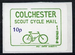 Cinderella - Great Britain 1994 Colchester Cycle Mail Scout Post 10p self-adhesive label in green & blue (tete-beche pairs price x 2), stamps on , stamps on  stamps on postal, stamps on  stamps on bicycles, stamps on  stamps on scouts, stamps on  stamps on self adhesive