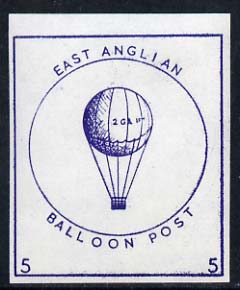Cinderella - Great Britain 1990c East Anglian Balloon Post imperf label in blue value 5 unmounted mint, stamps on postal, stamps on balloons