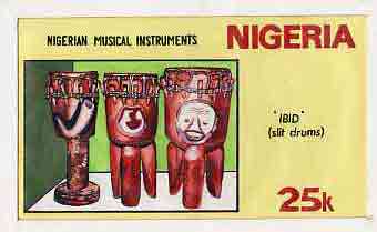 Nigeria 1989 Musical Instruments - original hand-painted artwork for 25k value (Ibid slit drum) by NSP&MCo Staff Artist Clement O Ogbebor on card 8.5 x 5 endorsed C4, stamps on , stamps on  stamps on music, stamps on  stamps on musical instruments