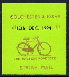 Cinderella - Great Britain 1994 Colchester & Essex 1 imperf gummed label (gold on green) showing Raleigh Roadster dated 12th Dec 1994, stamps on postal, stamps on bicycles