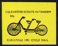 Cinderella - Great Britain 1991 Colchester Scouts in Tandem 50p imperf gummed label (black on yellow) showing Tandem Bicycle inscribed 'Christmas 1991 Cycle Mail' (tete-beche pairs price x 2), stamps on , stamps on  stamps on postal, stamps on  stamps on bicycles, stamps on  stamps on scouts