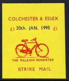 Cinderella - Great Britain 1995 Colchester & Essex 1 imperf gummed label (red on yellow) showing Raleigh Roadster dated 20th Jan 1995 (tete-beche pairs price x 2), stamps on postal, stamps on bicycles