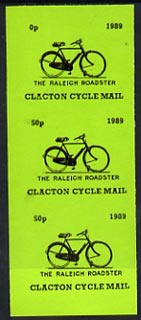 Cinderella - Great Britain 1989 Clacton Cycle Mail 50p imperf gummed label (black on green) showing Raleigh Roadster vert strip of 3, upper label with 5 omitted (0p), stamps on , stamps on  stamps on postal, stamps on  stamps on bicycles