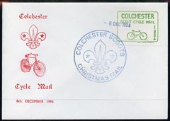 Cinderella - Great Britain 1994 Colchester Cycle Mail Scout Post 10p self-adhesive label in green & blue on cover with 'Colchester Scouts Christmas Mail' cachet, stamps on , stamps on  stamps on postal, stamps on  stamps on bicycles, stamps on  stamps on scouts, stamps on  stamps on self adhesive