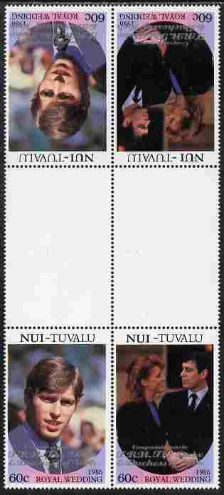 Tuvalu - Nui 1986 Royal Wedding (Andrew & Fergie) 60c with 'Congratulations' opt in silver in unissued perf tete-beche inter-paneau block of 4 (2 se-tenant pairs) unmounted mint from Printer's uncut proof sheet, stamps on royalty, stamps on andrew, stamps on fergie, stamps on 