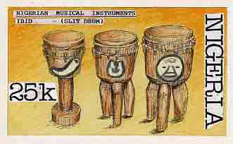 Nigeria 1989 Musical Instruments - original hand-painted artwork for 25k value (Ibid slit drum) by Francis Nwaije Isibor on card 8.5 x 5 endorsed C3, stamps on , stamps on  stamps on music, stamps on  stamps on musical instruments