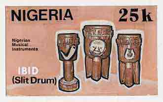 Nigeria 1989 Musical Instruments - original hand-painted artwork for 25k value (Ibid slit drum) by Godrick N Osuji on card 8.5 x 5 endorsed C1, stamps on music, stamps on musical instruments