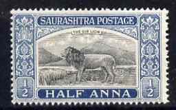 Soruth 1929 Gir Lion 0.5a unmounted mint, SG 50, stamps on , stamps on  stamps on cats, stamps on  stamps on lions, stamps on  stamps on  kg5 , stamps on  stamps on 