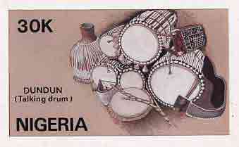 Nigeria 1989 Musical Instruments - original hand-painted artwork for 30k value (Dundun Talking drum) by NSP&MCo Staff Artist Samuel A M Eluare as issued stamp except inscription changed, on card 8.5 x 5 endorsed D6, stamps on , stamps on  stamps on music, stamps on  stamps on musical instruments