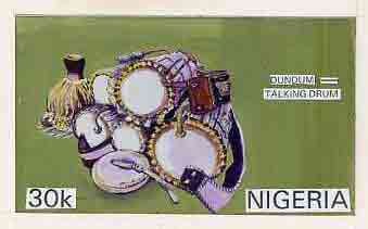 Nigeria 1989 Musical Instruments - original hand-painted artwork for 30k value (Dundun Talking drum) by S O Nwasike on card 8.5 x 5 endorsed D5, stamps on music, stamps on musical instruments