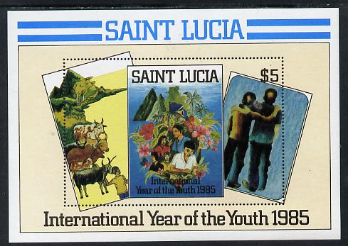 St Lucia 1985 Int Youth Year $5 m/sheet (SG MS 845)  unmounted mint, stamps on , stamps on  stamps on scouts      cattle    mountains    flags