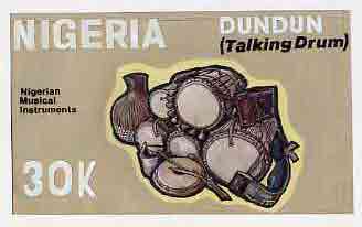 Nigeria 1989 Musical Instruments - original hand-painted artwork for 30k value (Dundun Talking drum) by Godrick N Osuji on card 8.5 x 5 endorsed D1, stamps on music, stamps on musical instruments