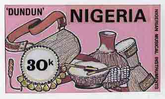 Nigeria 1989 Musical Instruments - original hand-painted artwork for 30k value (Dundun Talking drum) by unknown artist on board 8.5 x 5 endorsed D2, stamps on music, stamps on musical instruments