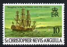 St Kitts-Nevis 1970-74 17th Century Smugglers Ship 10c from def set unmounted mint, SG 213, stamps on , stamps on  stamps on pirates, stamps on  stamps on ships