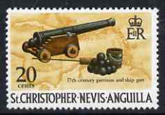 St Kitts-Nevis 1970-74 17th Century Cannon 20c from def set unmounted mint, SG 215, stamps on pirates, stamps on militaria, stamps on cannons