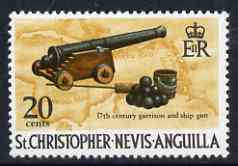 St Kitts-Nevis 1970-74 17th Century Cannon 20c from def set unmounted mint, SG 215, stamps on , stamps on  stamps on pirates, stamps on  stamps on militaria, stamps on  stamps on cannons