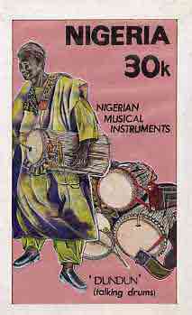 Nigeria 1989 Musical Instruments - original hand-painted artwork for 30k value (Dundun Talking drum) by NSP&MCo Staff Artist Clement O Ogbebor on card 5 x 8.5 endorsed D4, stamps on , stamps on  stamps on music, stamps on  stamps on musical instruments