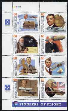 Micronesia 1995 Pioneers of Flight (6th series) perf set of 8 in se-tenant block unmounted mint, SG 441a, stamps on aviation, stamps on personalities, stamps on northrop, stamps on  hp , stamps on zeppelins, stamps on airships, stamps on flying boats, stamps on  ww2 , stamps on spitfires, stamps on scots, stamps on scotland     