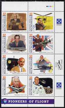 Micronesia 1995 Pioneers of Flight (5th series) perf set of 8 in se-tenant block unmounted mint, SG 418a, stamps on aviation, stamps on personalities, stamps on rockets, stamps on grumman, stamps on junkers, stamps on douglas, stamps on spitfire, stamps on  ww2 , stamps on helicopters, stamps on space
