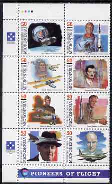 Micronesia 1994 Pioneers of Flight (4th series) perf set of 8 in se-tenant block unmounted mint, SG 395a, stamps on aviation, stamps on personalities, stamps on space, stamps on apollo, stamps on dh, stamps on  ww2 , stamps on flying boats