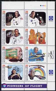 Micronesia 1994 Pioneers of Flight (3rd series) perf set of 8 in se-tenant block unmounted mint, SG 364a, stamps on aviation, stamps on personalities, stamps on gliders, stamps on space, stamps on apollo, stamps on 