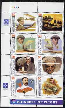 Micronesia 1993 Pioneers of Flight (2nd series) perf set of 8 in se-tenant block unmounted mint, SG 322a, stamps on aviation, stamps on personalities, stamps on wright, stamps on dumont, stamps on sopwith, stamps on rockets, stamps on space