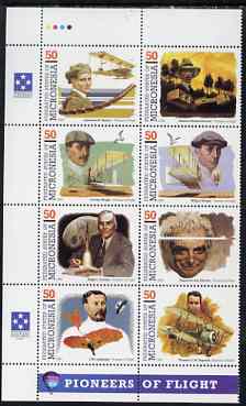 Micronesia 1993 Pioneers of Flight (2nd series) perf set of 8 in se-tenant block unmounted mint, SG 322a, stamps on , stamps on  stamps on aviation, stamps on  stamps on personalities, stamps on  stamps on wright, stamps on  stamps on dumont, stamps on  stamps on sopwith, stamps on  stamps on rockets, stamps on  stamps on space