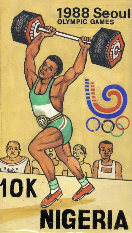 Nigeria 1988 Seoul Olympic Games - original hand-painted artwork for 10k value (Weightlifting) by Godrick N Osuji on card 5 x 9 endorsed A1, stamps on , stamps on  stamps on olympics  sport     weightlifting