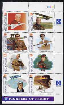 Micronesia 1993 Pioneers of Flight (1st series) perf set of 8 in se-tenant block unmounted mint, SG 267a, stamps on aviation, stamps on personalities, stamps on sikorsky, stamps on helicopters, stamps on concorde, stamps on curtiss, stamps on  ww1 , stamps on 