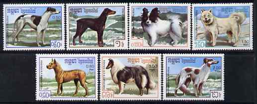 Kampuchea 1987 Dogs perf set of 7 unmounted mint, SG 804-10, stamps on dogs, stamps on greyhounds, stamps on dobermann, stamps on samoyed, stamps on collies, stamps on borzoi, stamps on danes, stamps on 