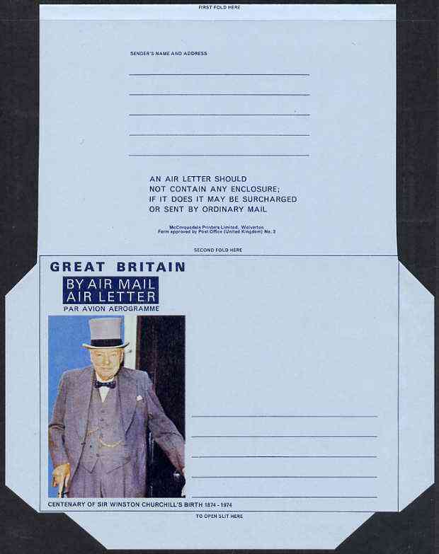 Great Britain 1974 Birth Centenary of Sir Winston Churchill Airletter form inscribed 'GREAT BRITAIN', folded on 'fold lines' otherwise pristine unmounted mint, stamps on , stamps on  stamps on churchill    personalities