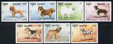 Cambodia 1990 Dogs perf set of 7 unmounted mint, SG 1096-1102, stamps on , stamps on  stamps on dogs, stamps on  stamps on poodle, stamps on  stamps on samoyed, stamps on  stamps on afghan, stamps on  stamps on dalmation, stamps on  stamps on spaniel, stamps on  stamps on fox terrier, stamps on  stamps on 