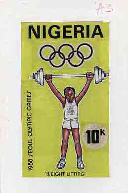 Nigeria 1988 Seoul Olympic Games - original hand-painted artwork for 10k value (Weightlifting) by unknown artist on board 5 x 9 endorsed A3, stamps on , stamps on  stamps on olympics    sport     weightlifting