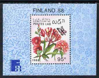 Laos 1988 Finlandia '88 Stamp Exhibition - Flowers perf m/sheet unmounted mint, SG MS1084, stamps on flowers, stamps on stamp exhibitions