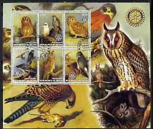 Benin 2002 Birds of Prey #2 perf m/sheet containing 6 values. each with Rotary Logo cto used, stamps on birds, stamps on birds of prey, stamps on eagles, stamps on owls, stamps on falcons, stamps on rotary