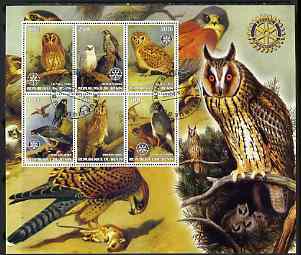 Benin 2002 Birds of Prey #2 perf m/sheet containing 6 values. each with Rotary Logo cto used, stamps on , stamps on  stamps on birds, stamps on  stamps on birds of prey, stamps on  stamps on eagles, stamps on  stamps on owls, stamps on  stamps on falcons, stamps on  stamps on rotary