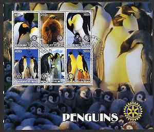 Benin 2002 Penguins perf m/sheet containing 6 values. each with Rotary Logo unmounted mint, stamps on birds, stamps on penguins, stamps on polar, stamps on rotary