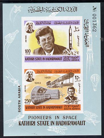 Aden - Kathiri 1967 Kennedy (Space pioneers) imperforate miniature sheet unmounted mint (Mi BL 16B), stamps on aviation    kennedy  personalities  space