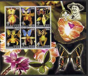 Benin 2002 Orchids & Butterflies perf m/sheet containing 6 values. each with Scouts Logo unmounted mint, stamps on , stamps on  stamps on flowers, stamps on  stamps on orchids, stamps on  stamps on butterflies, stamps on  stamps on scouts