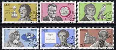 Germany - East 1980 Celebrities' Birth Anniversaries perf set of 6 fine cto used, SG E2214-19, stamps on personalities, stamps on explorers, stamps on chemist, stamps on physics, stamps on women, stamps on films, stamps on theatre, stamps on militaria, stamps on falcons