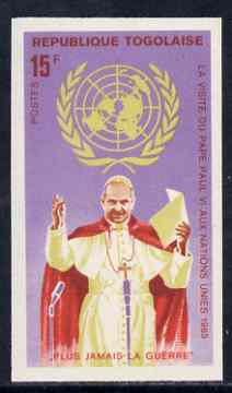 Togo 1966 Pope Paul at  Microphonec 15f from Visit to UN set, imperf from limited printing unmounted mint, as SG 446, stamps on , stamps on  stamps on pope, stamps on  stamps on religion, stamps on  stamps on microphones, stamps on  stamps on united nations