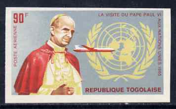 Togo 1966 Pope Paul & Boeing 707 90c from Visit to UN set, imperf from limited printing unmounted mint, as SG 450, stamps on , stamps on  stamps on pope, stamps on  stamps on religion, stamps on  stamps on aviation, stamps on  stamps on boeing, stamps on  stamps on united nations