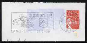 Postmark - France rectangular piece bearing French adhesive with illustrated cancel showing Horse Jumping, stamps on horses, stamps on horse racing