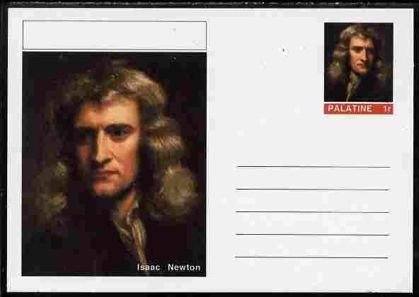Palatine (Fantasy) Personalities - Isaac Newton postal stationery card unused and fine, stamps on personalities, stamps on newton, stamps on science, stamps on physics, stamps on maths, stamps on space, stamps on telescopes, stamps on mathematics