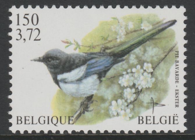 Belgium 2000-01 Birds #4 Magpie 150f/3.72 Euro dual currency unmounted mint, SG 3548, stamps on birds    